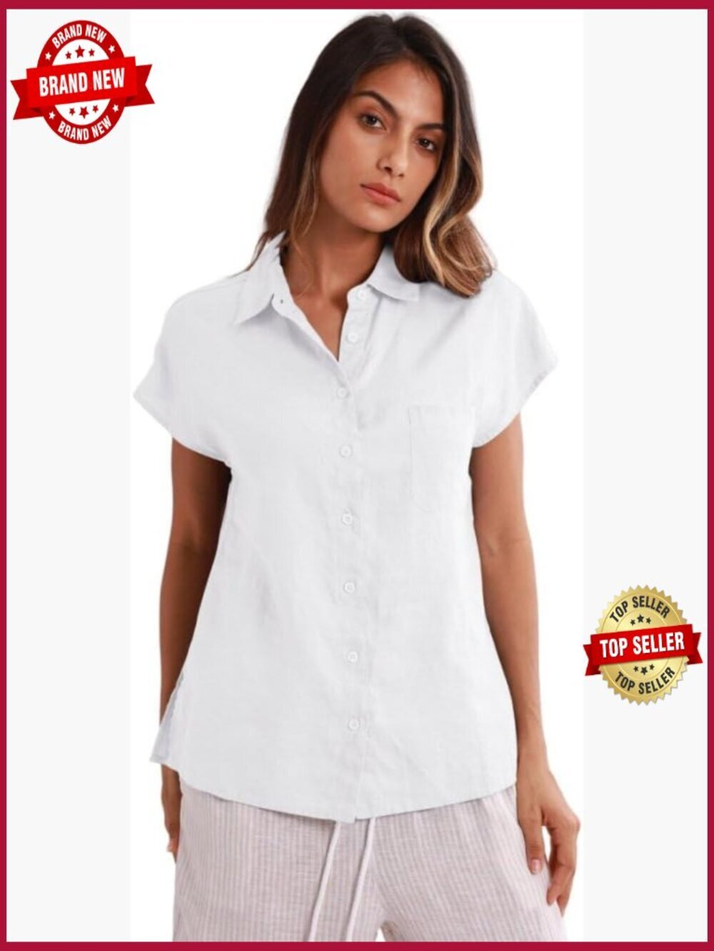 100% Linen Button Down Short Sleeve Blouse Relaxed Fit Summer Top